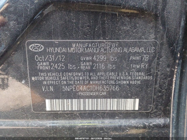 Aukcja sprzedaży 2013 Hyundai Sonata Limited, vin: 5NPEC4AC1DH635766, numer aukcji: 45787151