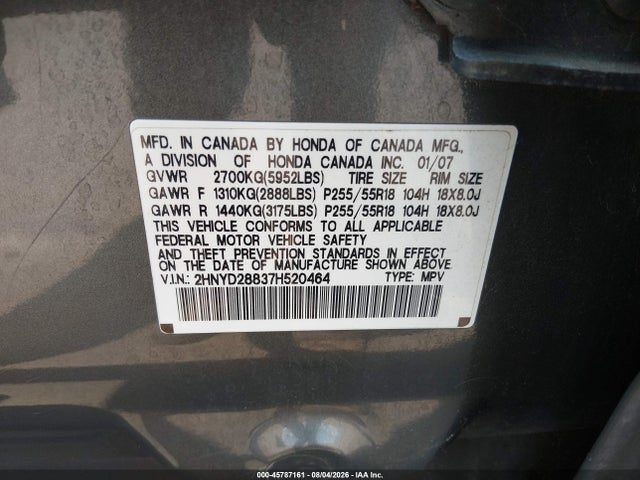 Продаж на аукціоні авто 2007 Acura Mdx Sport Package, vin: 2HNYD28837H520464, номер лоту: 45787161