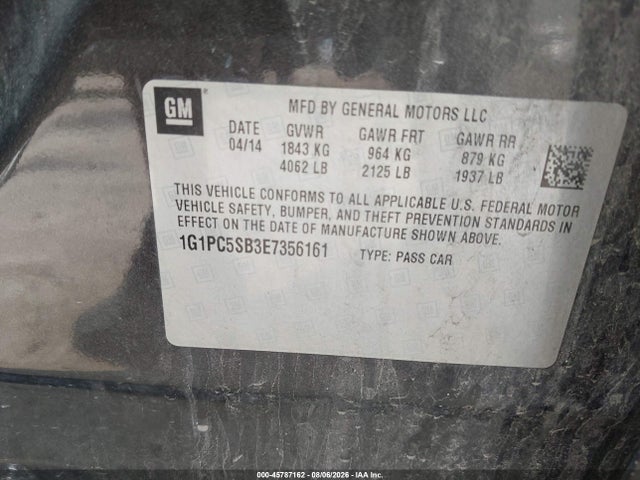 45787162 :رقم المزاد ، 1G1PC5SB3E7356161 vin ، 2014 Chevrolet Cruze 1lt Auto مزاد بيع