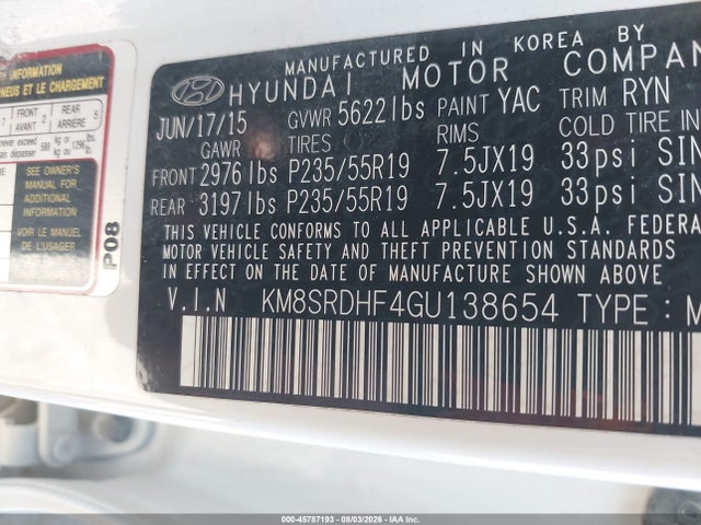 Продаж на аукціоні авто 2016 Hyundai Santa Fe Se, vin: KM8SRDHF4GU138654, номер лоту: 45787193