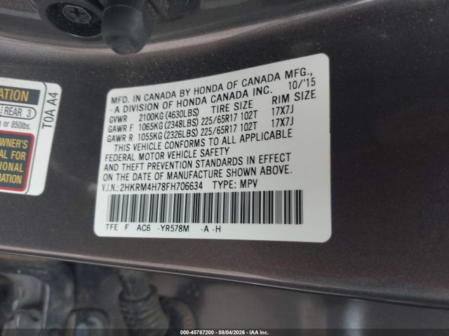 45787200 :رقم المزاد ، 2HKRM4H78FH706634 vin ، 2015 Honda Cr-v Ex-l مزاد بيع