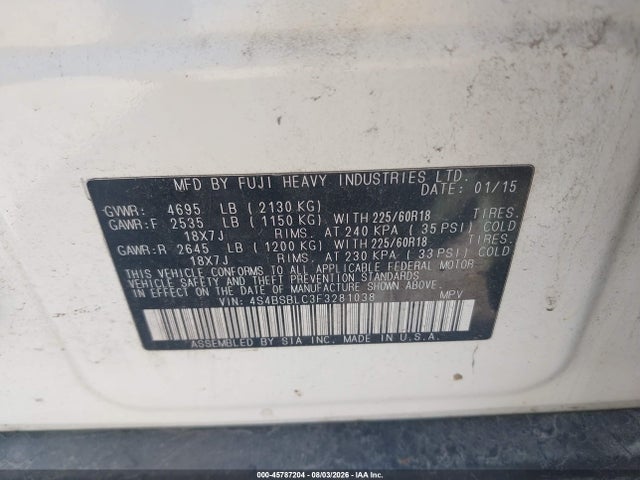 Aukcja sprzedaży 2015 Subaru Outback 2.5i Limited, vin: 4S4BSBLC3F3281038, numer aukcji: 45787204