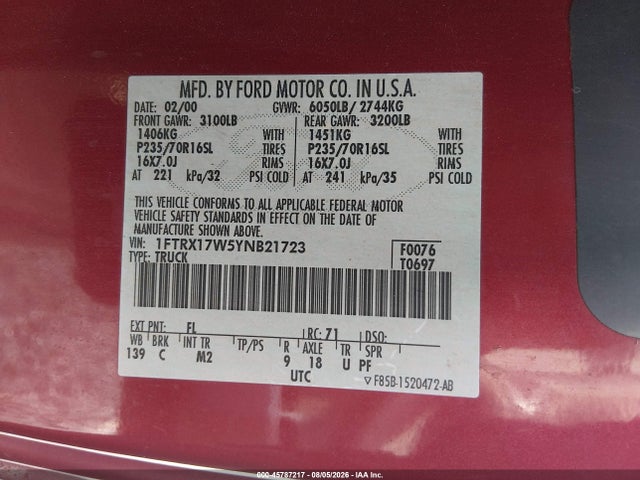 Продажа на аукционе авто 2000 Ford F-150 Lariat/work Series/xl/xlt, vin: 1FTRX17W5YNB21723, номер лота: 45787217