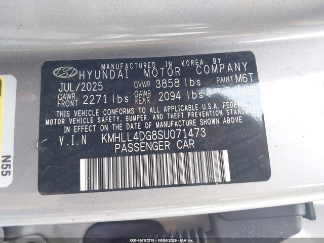 45787218 :رقم المزاد ، KMHLL4DG8SU071473 vin ، 2025 Hyundai Elantra Se مزاد بيع