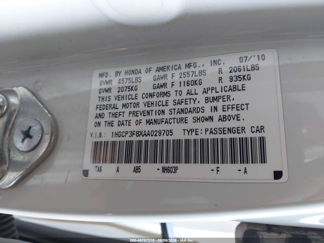45787219 :رقم المزاد ، 1HGCP3F8XAA029705 vin ، 2010 Honda Accord 3.5 Ex-l مزاد بيع