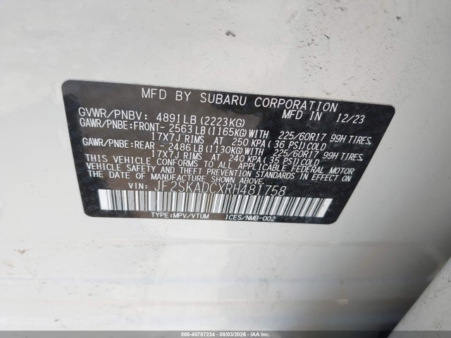 2024 Subaru Forester Premium მანქანა იყიდება აუქციონზე, vin: JF2SKADCXRH481758, აუქციონის ნომერი: 45787234