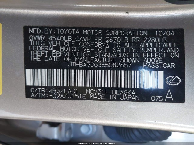 Aukcja sprzedaży 2005 Lexus Es 330, vin: JTHBA30G355082657, numer aukcji: 45787239