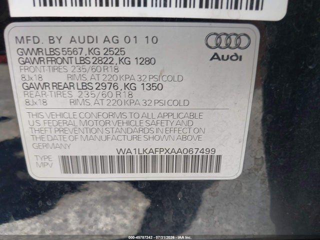 45787242 :رقم المزاد ، WA1LKAFPXAA067499 vin ، 2010 Audi Q5 3.2 Premium مزاد بيع