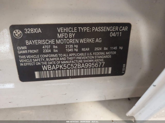 Aukcja sprzedaży 2011 Bmw 328i Xdrive, vin: WBAPK5C52BA995677, numer aukcji: 45787243