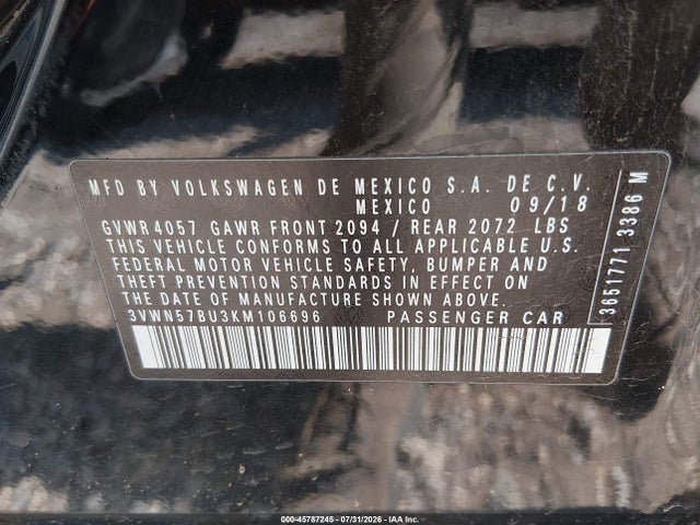 Продаж на аукціоні авто 2019 Volkswagen Jetta 1.4t S, vin: 3VWN57BU3KM106696, номер лоту: 45787245