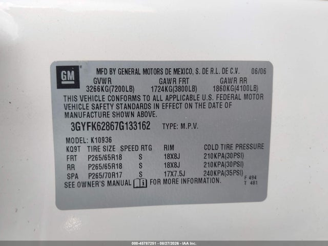 2007 Cadillac Escalade Ext Standard მანქანა იყიდება აუქციონზე, vin: 3GYFK62867G133162, აუქციონის ნომერი: 45787251