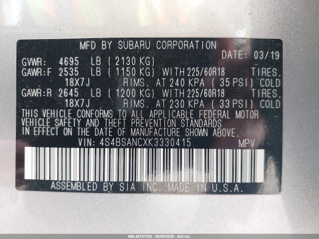 2019 Subaru Outback 2.5i Limited მანქანა იყიდება აუქციონზე, vin: 4S4BSANCXK3330415, აუქციონის ნომერი: 45787252
