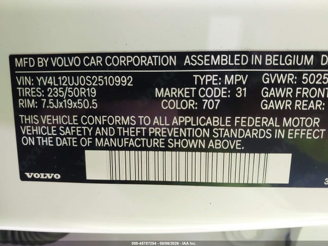 Aukcja sprzedaży 2025 Volvo Xc40 B5 Core Bright Theme, vin: YV4L12UJ0S2510992, numer aukcji: 45787254