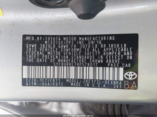 2017 Toyota Corolla Le მანქანა იყიდება აუქციონზე, vin: 5YFBURHE7HP578017, აუქციონის ნომერი: 45787262