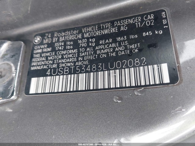 Aukcja sprzedaży 2003 Bmw Z4 3.0i, vin: 4USBT53483LU02082, numer aukcji: 45787266