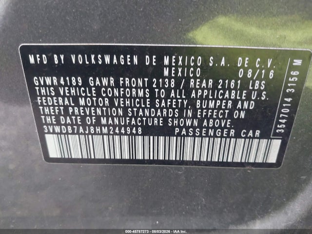 Продаж на аукціоні авто 2017 Volkswagen Jetta 1.4t Se, vin: 3VWDB7AJ8HM244948, номер лоту: 45787273