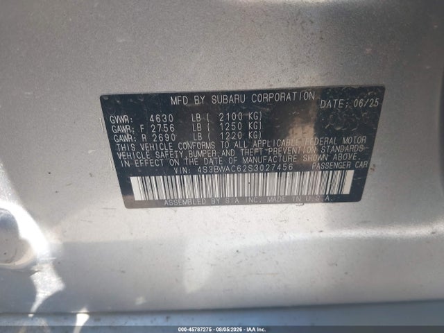 2025 Subaru Legacy Premium მანქანა იყიდება აუქციონზე, vin: 4S3BWAC62S3027456, აუქციონის ნომერი: 45787275