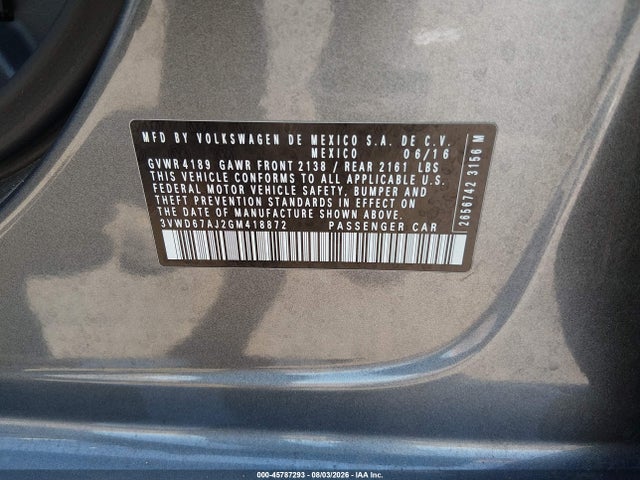 Продажа на аукционе авто 2016 Volkswagen Jetta 1.4t Se, vin: 3VWD67AJ2GM418872, номер лота: 45787293