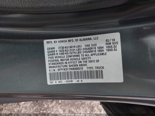 45787296 :رقم المزاد ، 5FPYK3F72KB000578 vin ، 2019 Honda Ridgeline Rtl-e مزاد بيع