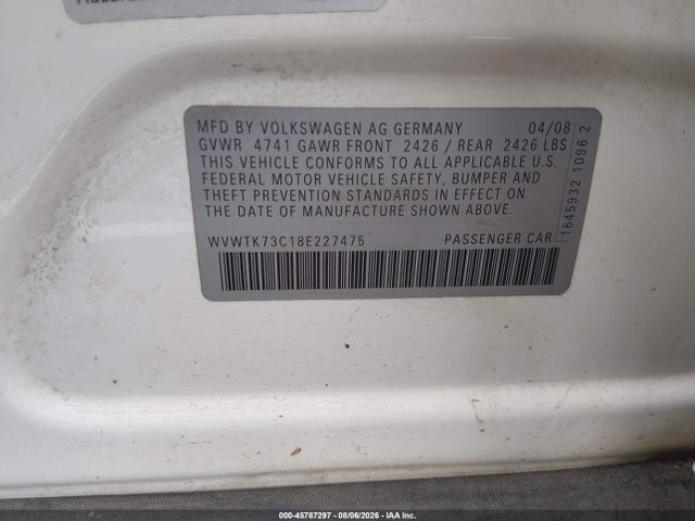 Aukcja sprzedaży 2008 Volkswagen Passat Lux, vin: WVWTK73C18E227475, numer aukcji: 45787297