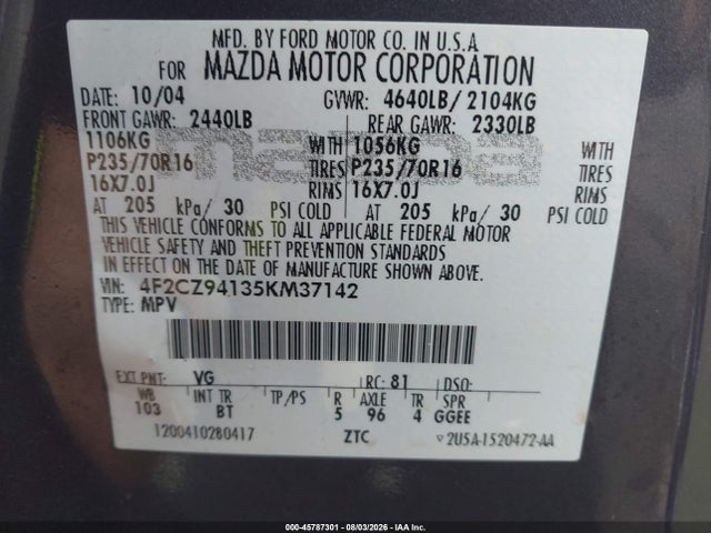 Aukcja sprzedaży 2005 Mazda Tribute S, vin: 4F2CZ94135KM37142, numer aukcji: 45787301
