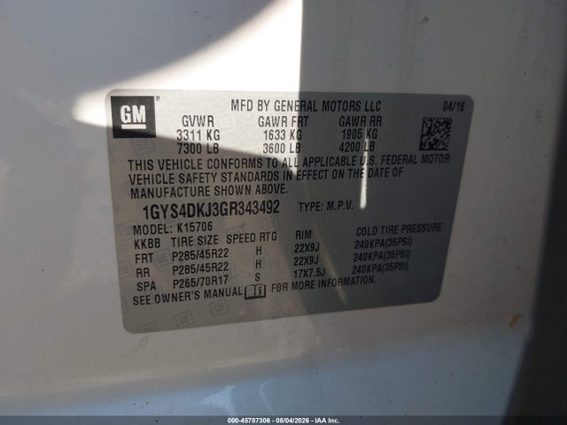 Aukcja sprzedaży 2016 Cadillac Escalade Platinum, vin: 1GYS4DKJ3GR343492, numer aukcji: 45787306