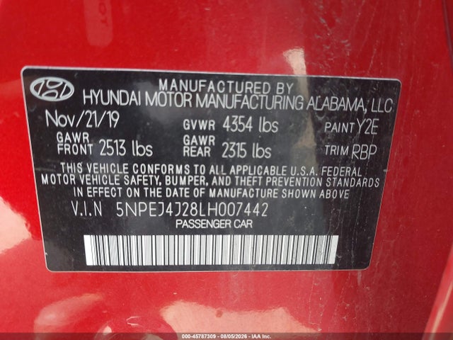 45787309 :رقم المزاد ، 5NPEJ4J28LH007442 vin ، 2020 Hyundai Sonata Sel Plus مزاد بيع