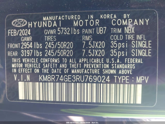 Auction sale of the 2024 Hyundai Palisade Calligraphy, vin: KM8R74GE3RU769024, lot number: 45787331