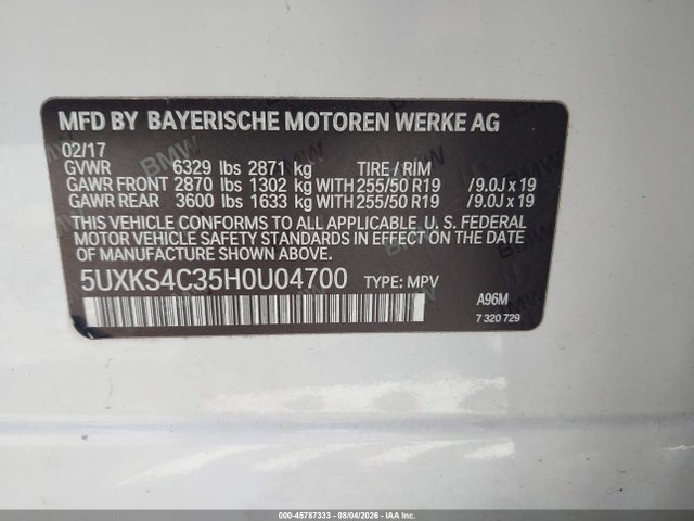 Aukcja sprzedaży 2017 Bmw X5 Xdrive35d, vin: 5UXKS4C35H0U04700, numer aukcji: 45787333