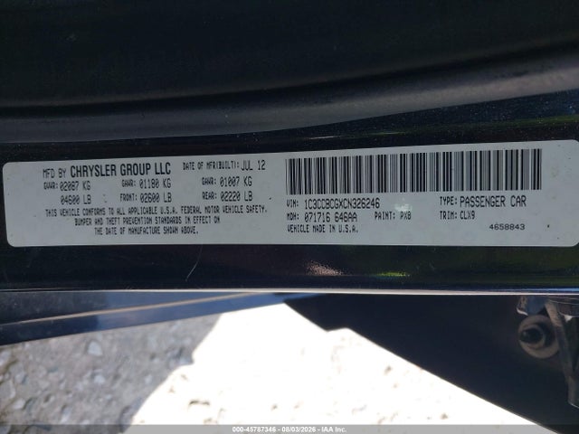 Продаж на аукціоні авто 2012 Chrysler 200 Limited, vin: 1C3CCBCGXCN326246, номер лоту: 45787346