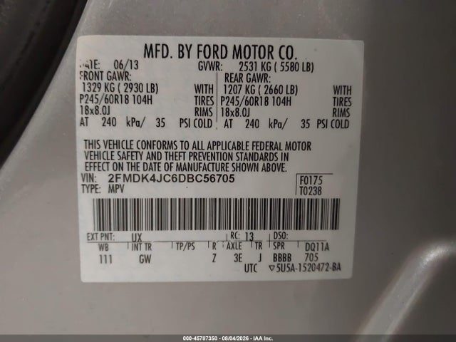 Продажа на аукционе авто 2013 Ford Edge Sel, vin: 2FMDK4JC6DBC56705, номер лота: 45787350
