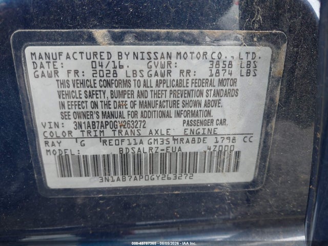 3N1AB7AP0GY263272 Nissan Sentra Fe+ S/s/sl/sr/sv