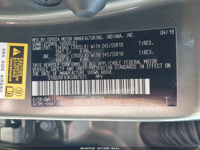 Aukcja sprzedaży 2019 Toyota Highlander Limited Platinum, vin: 5TDDZRFH3KS987931, numer aukcji: 45787367