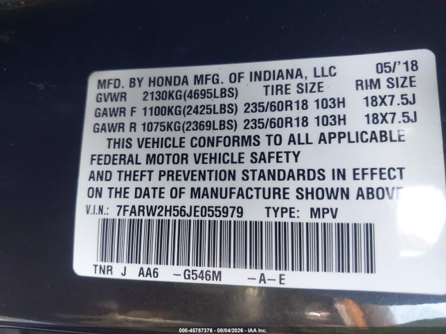 45787376 :رقم المزاد ، 7FARW2H56JE055979 vin ، 2018 Honda Cr-v Ex مزاد بيع