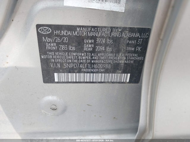 45787377 :رقم المزاد ، 5NPD74LF1LH600988 vin ، 2020 Hyundai Elantra Se مزاد بيع