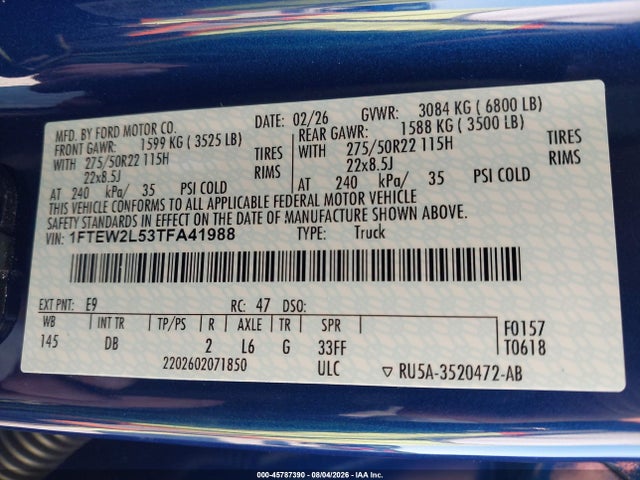 Продаж на аукціоні авто 2026 Ford F-150 Stx, vin: 1FTEW2L53TFA41988, номер лоту: 45787390