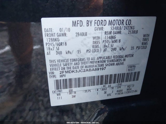 2010 Ford Edge Sel მანქანა იყიდება აუქციონზე, vin: 2FMDK3JC2ABA89197, აუქციონის ნომერი: 45787394