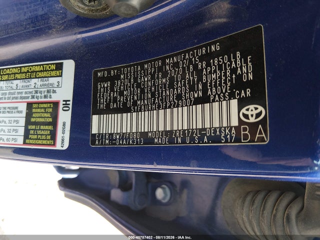 Aukcja sprzedaży 2015 Toyota Corolla S Plus, vin: 5YFBURHE3FP279007, numer aukcji: 45787402