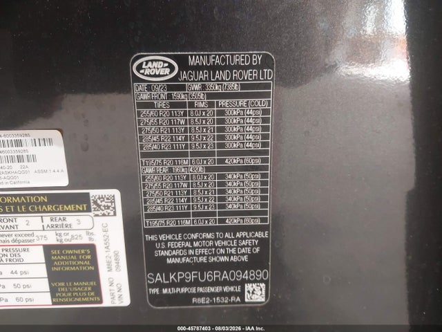 2024 Land Rover Range Rover P400 Se მანქანა იყიდება აუქციონზე, vin: SALKP9FU6RA094890, აუქციონის ნომერი: 45787403