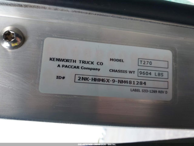 Aukcja sprzedaży 2022 Kenworth T3 Series, vin: 2NKHHM6X9NM481284, numer aukcji: 45787408