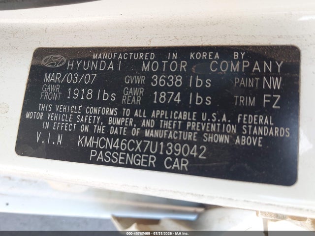 2007 Hyundai Accent Gls მანქანა იყიდება აუქციონზე, vin: KMHCN46CX7U139042, აუქციონის ნომერი: 45787409