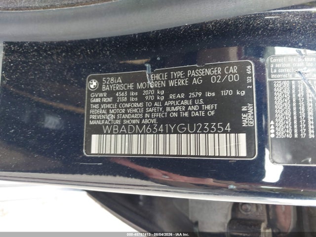 Aukcja sprzedaży 2000 Bmw 528ia, vin: WBADM6341YGU23354, numer aukcji: 45787413