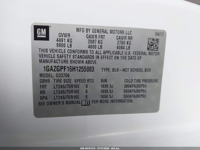 Aukcja sprzedaży 2017 Chevrolet Express 3500 Lt, vin: 1GAZGPF16H1255083, numer aukcji: 45787415