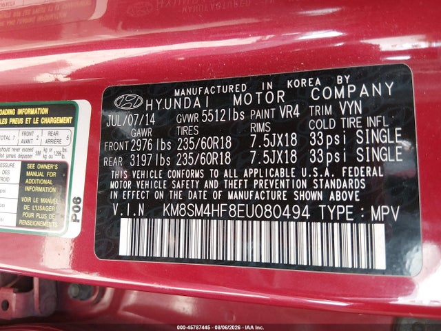 KM8SM4HF8EU080494 Hyundai Santa Fe Gls