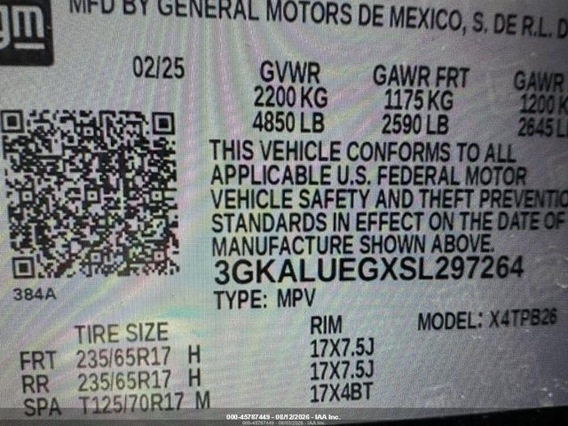 45787449 :رقم المزاد ، 3GKALUEGXSL297264 vin ، 2025 Gmc Terrain Awd Elevation مزاد بيع