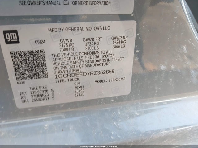 2024 Chevrolet Silverado 1500 4wd  Standard Bed Rst მანქანა იყიდება აუქციონზე, vin: 1GCRDEED7RZ352859, აუქციონის ნომერი: 45787471