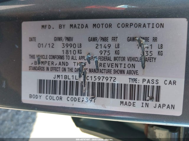 Aukcja sprzedaży 2012 Mazda Mazda3 I Touring, vin: JM1BL1L70C1597972, numer aukcji: 45787497