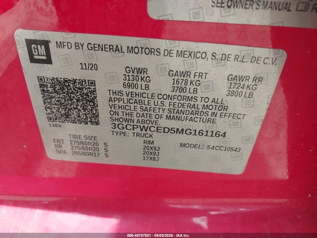 45787501 :رقم المزاد ، 3GCPWCED5MG161164 vin ، 2021 Chevrolet Silverado 1500 2wd  Short Bed Lt مزاد بيع