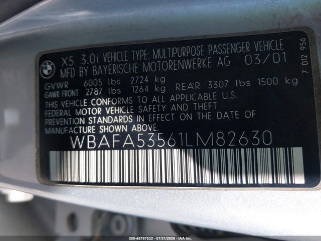 2001 Bmw X5 3.0 მანქანა იყიდება აუქციონზე, vin: WBAFA53561LM82630, აუქციონის ნომერი: 45787532