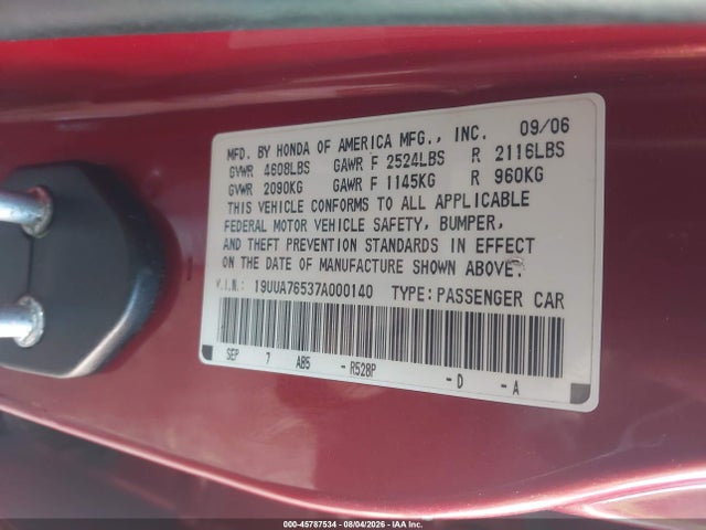 45787534 :رقم المزاد ، 19UUA76537A000140 vin ، 2007 Acura Tl Type S مزاد بيع